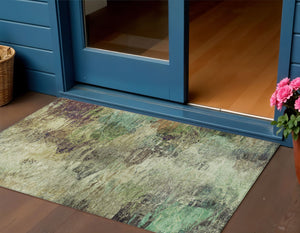 Homeroots 3'' Abstract Washable Indoor Outdoor Area Rug In Beige And Artichoke Green For Versatile Spaces 3' X 5' Polyester 577613