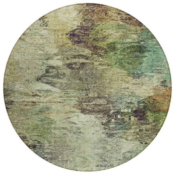 HomeRoots 5' Abstract Washable Area Rug in Beige and Artichoke Green for Indoor and Outdoor Spaces, Durable Design 8' Round 577615