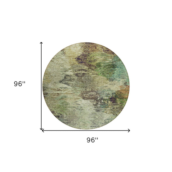 HomeRoots 5' Abstract Washable Area Rug in Beige and Artichoke Green for Indoor and Outdoor Spaces, Durable Design 8' Round 577615