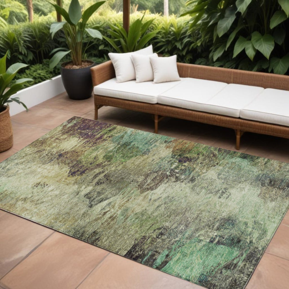 HomeRoots 5' Abstract Washable Area Rug in Beige and Artichoke Green for Indoor and Outdoor Spaces, Durable Design 10' X 14' 577618