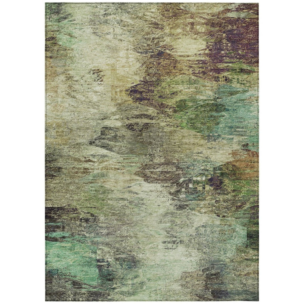HomeRoots 5' Abstract Washable Area Rug in Beige and Artichoke Green for Indoor and Outdoor Spaces, Durable Design 10' X 14' 577618