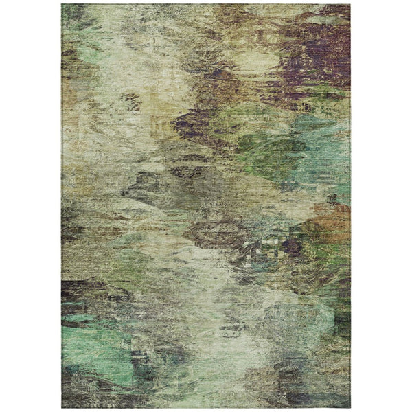 HomeRoots 5' Abstract Washable Area Rug in Beige and Artichoke Green for Indoor and Outdoor Spaces, Durable Design 10' X 14' 577618