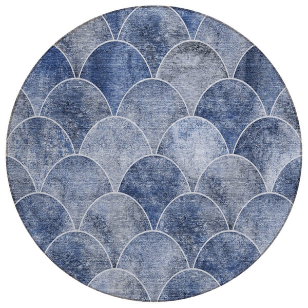 HomeRoots 5' Denim Blue and Gray Abstract Area Rug - Durable, Washable, Indoor/Outdoor Comfort for Any Space 8' Round 577663