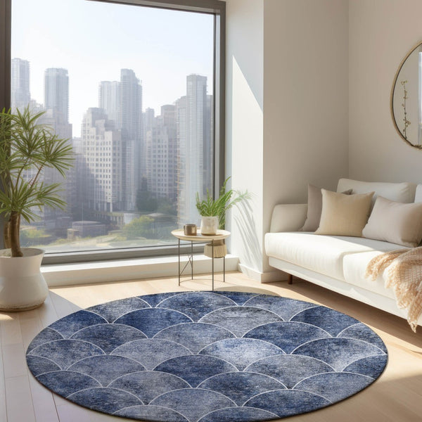 HomeRoots 5' Denim Blue and Gray Abstract Area Rug - Durable, Washable, Indoor/Outdoor Comfort for Any Space 8' Round 577663
