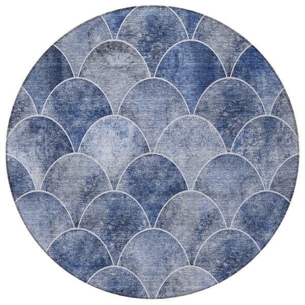 HomeRoots 5' Denim Blue and Gray Abstract Area Rug - Durable, Washable, Indoor/Outdoor Comfort for Any Space 8' Round 577663