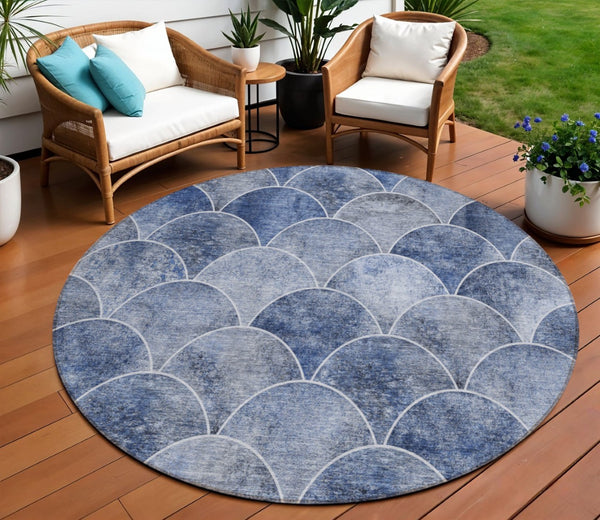 HomeRoots 5' Denim Blue and Gray Abstract Area Rug - Durable, Washable, Indoor/Outdoor Comfort for Any Space 8' Round 577663