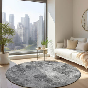 HomeRoots 5' Modern Abstract Gray Charcoal and Ivory Area Rug for Indoor/Outdoor Spaces - Easy Care Design 8' Round 577669