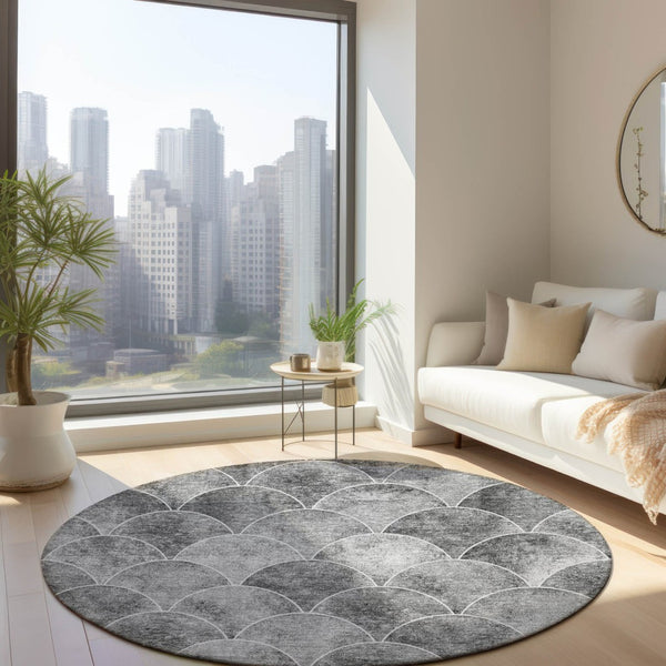 HomeRoots 5' Modern Abstract Gray Charcoal and Ivory Area Rug for Indoor/Outdoor Spaces - Easy Care Design 8' Round 577669