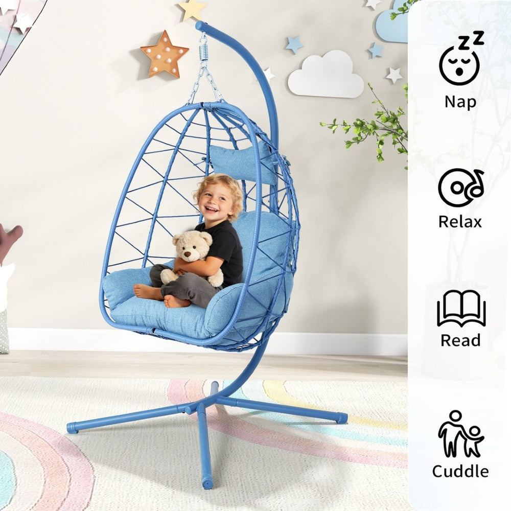 English Elm Hanging Egg Chair Woven Pe Wicker Patio Swing with Stand and Washable Cushion T5880P497568