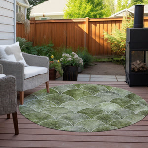 HomeRoots 5' Abstract Green and Ivory Indoor Outdoor Area Rug – Durable, Washable, Modern Design for Any Space 8' Round 577675