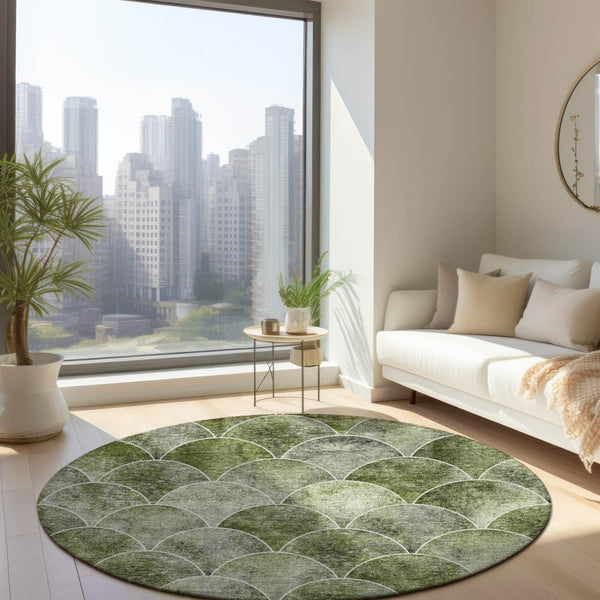 HomeRoots 5' Abstract Green and Ivory Indoor Outdoor Area Rug – Durable, Washable, Modern Design for Any Space 8' Round 577675