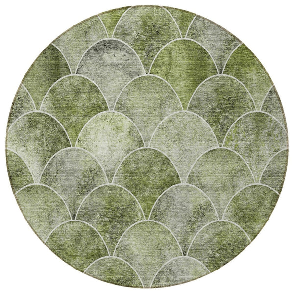 HomeRoots 5' Abstract Green and Ivory Indoor Outdoor Area Rug – Durable, Washable, Modern Design for Any Space 8' Round 577675