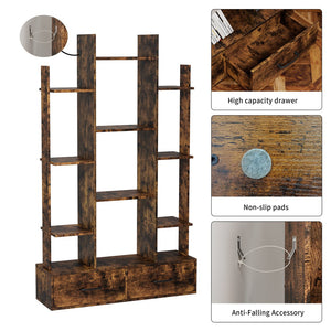 English Elm Bookshelf Rustic Brown 12 Open Shelves & 2 Drawers Industrial Space-Saving Bookcase for Home Office W578P207921