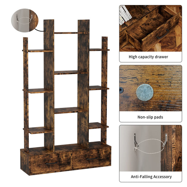 English Elm Bookshelf Rustic Brown 12 Open Shelves & 2 Drawers Industrial Space-Saving Bookcase for Home Office W578P207921