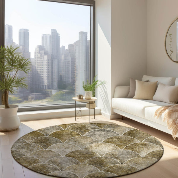 HomeRoots 5' Stylish Taupe Beige & Gray Abstract Washable Area Rug for Indoor/Outdoor Spaces, Easy Care 8' Round 577687