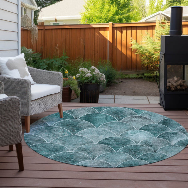 HomeRoots 5' Teal Blue Aqua and Gray Abstract Area Rug for Indoor/Outdoor Use - Durable, Washable, Stylish Design 8' Round 577693