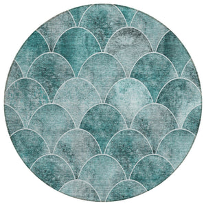 HomeRoots 5' Teal Blue Aqua and Gray Abstract Area Rug for Indoor/Outdoor Use - Durable, Washable, Stylish Design 8' Round 577693