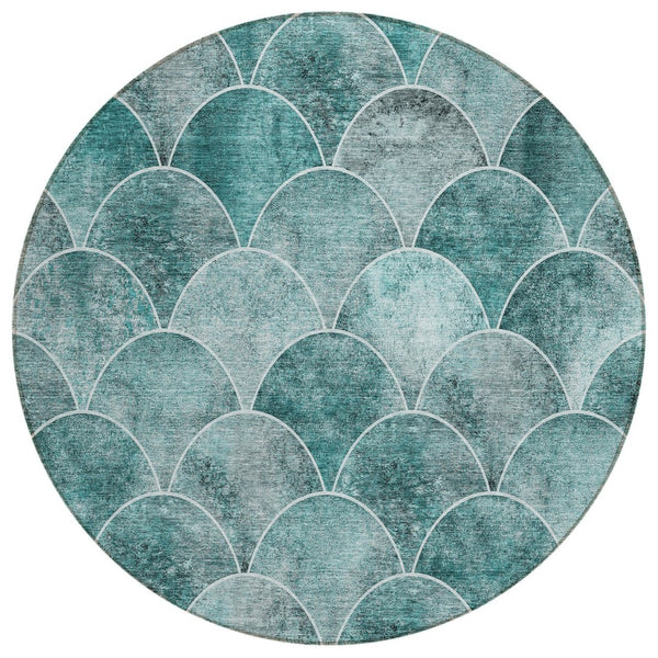 HomeRoots 5' Teal Blue Aqua and Gray Abstract Area Rug for Indoor/Outdoor Use - Durable, Washable, Stylish Design 8' Round 577693