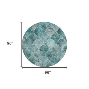 HomeRoots 5' Teal Blue Aqua and Gray Abstract Area Rug for Indoor/Outdoor Use - Durable, Washable, Stylish Design 8' Round 577693