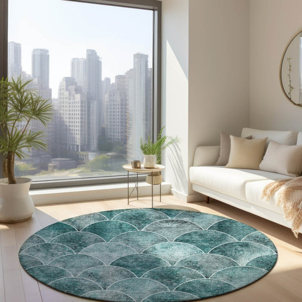 HomeRoots 5' Teal Blue Aqua and Gray Abstract Area Rug for Indoor/Outdoor Use - Durable, Washable, Stylish Design 8' Round 577693