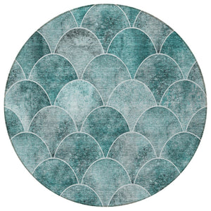 HomeRoots 5' Teal Blue Aqua and Gray Abstract Area Rug for Indoor/Outdoor Use - Durable, Washable, Stylish Design 8' Round 577693
