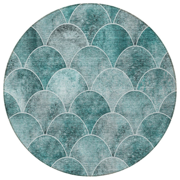 HomeRoots 5' Teal Blue Aqua and Gray Abstract Area Rug for Indoor/Outdoor Use - Durable, Washable, Stylish Design 8' Round 577693