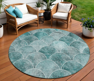 HomeRoots 5' Teal Blue Aqua and Gray Abstract Area Rug for Indoor/Outdoor Use - Durable, Washable, Stylish Design 8' Round 577693