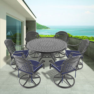 English Elm 7-Piece All-Weather Cast Aluminum Dining Set With 6 Swivel Chairs & Cushions - Stylish Patio Comfort W1710S00346