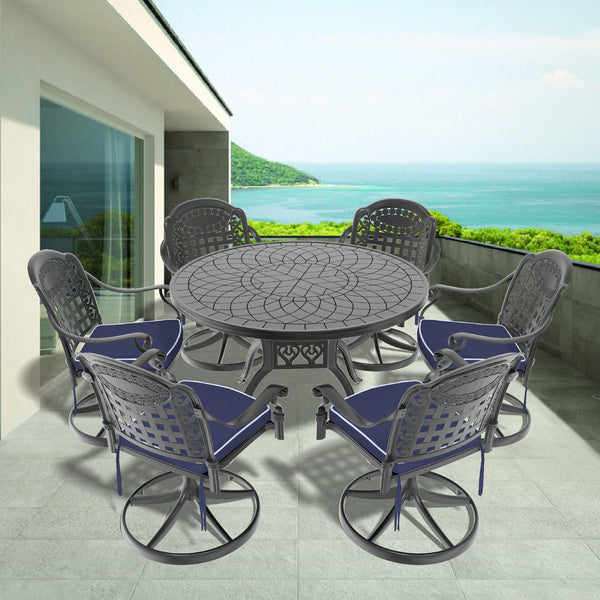 English Elm 7-Piece All-Weather Cast Aluminum Dining Set With 6 Comfortable Swivel Chairs & Round Table W1710S00446