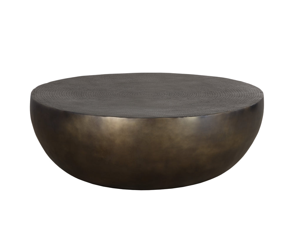 Sunpan Cale Coffee Table - Handcrafted Antique Bronze Drum Design with Etched Top for Unique Home Decor