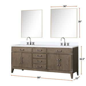 English Elm Grey Oak Double Bath Vanity 80" W x 22" D with White Quartz Top, Chrome Faucets & Dual 36" Mirrors B2731S01876