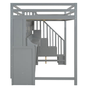 English Elm Full Over Murphy Bunk Bed with Hydraulic Lift Staircase Storage and Fold Away Desk LP000698AAE
