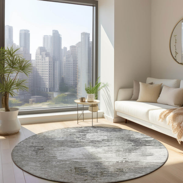 Homeroots 3' Beige Tan And Gray Abstract Washable Area Rug For Indoor And Outdoor Spaces, Durable & Stylish 8' Round Polyester 577753