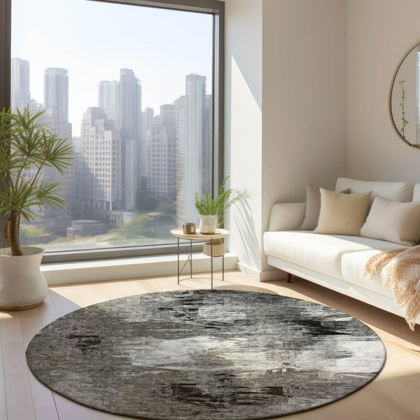 Homeroots 3' Beige Tan And Gray Abstract Washable Area Rug For Indoor And Outdoor Spaces, Durable & Stylish 8' Round Polyester 577759