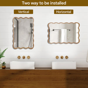 English Elm Natural Wood Wavy Rectangle 24"x36" Solid Wood Frame Mirror – Rustic Boho Wall Mirror for Home W2203P388997