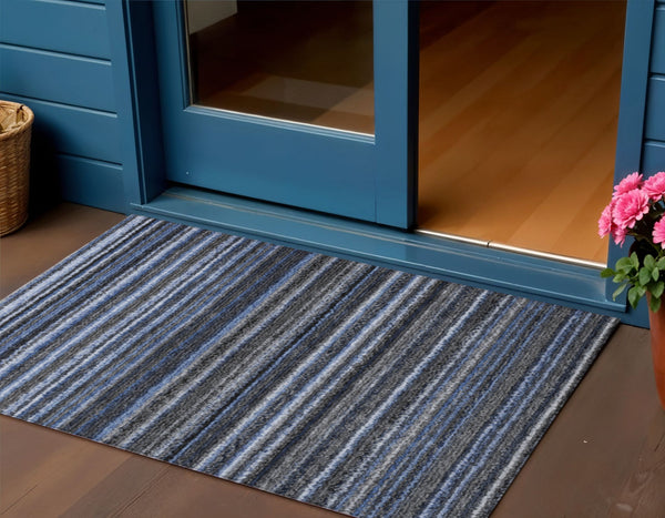 Homeroots 3' Denim Blue And Gray Striped Washable Area Rug For Indoor And Outdoor Use – Durable & Stylish! 3' X 5' Polyester 577763