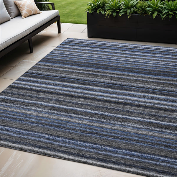 Homeroots 3' Denim Blue And Gray Striped Washable Area Rug For Indoor And Outdoor Use – Durable & Stylish! 5' X 8' Polyester 577764