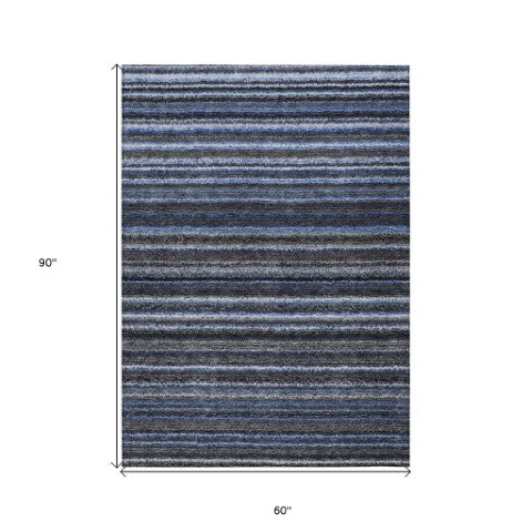 Homeroots 3' Denim Blue And Gray Striped Washable Area Rug For Indoor And Outdoor Use – Durable & Stylish! 5' X 8' Polyester 577764