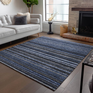 Homeroots 3' Denim Blue And Gray Striped Washable Area Rug For Indoor And Outdoor Use – Durable & Stylish! 5' X 8' Polyester 577764