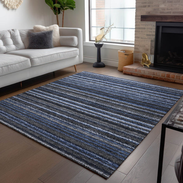 Homeroots 3' Denim Blue And Gray Striped Washable Area Rug For Indoor And Outdoor Use – Durable & Stylish! 5' X 8' Polyester 577764