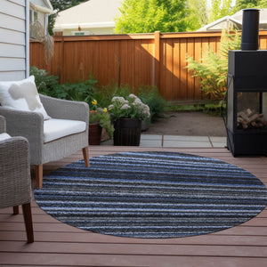 Homeroots 3' Denim Blue And Gray Striped Washable Area Rug For Indoor And Outdoor Use – Durable & Stylish! 8' Round Polyester 577765