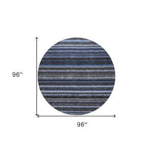 Homeroots 3' Denim Blue And Gray Striped Washable Area Rug For Indoor And Outdoor Use – Durable & Stylish! 8' Round Polyester 577765
