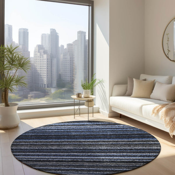 Homeroots 3' Denim Blue And Gray Striped Washable Area Rug For Indoor And Outdoor Use – Durable & Stylish! 8' Round Polyester 577765