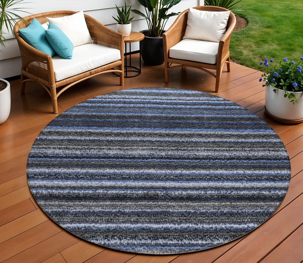 Homeroots 3' Denim Blue And Gray Striped Washable Area Rug For Indoor And Outdoor Use – Durable & Stylish! 8' Round Polyester 577765