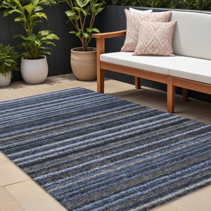 Homeroots 3' Denim Blue And Gray Striped Washable Area Rug For Indoor And Outdoor Use – Durable & Stylish! 8' X 10' Polyester 577766