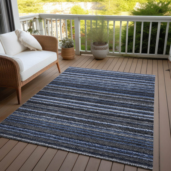 Homeroots 3' Denim Blue And Gray Striped Washable Area Rug For Indoor And Outdoor Use – Durable & Stylish! 10' X 14' Polyester 577768