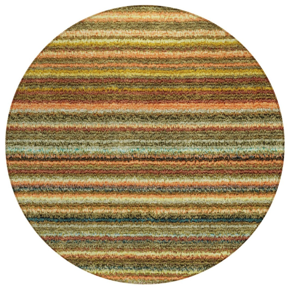 HomeRoots 5' Coral Gold and Green Striped Area Rug - Stylish, Washable Indoor-Outdoor Design for Any Space 8' Round 577771