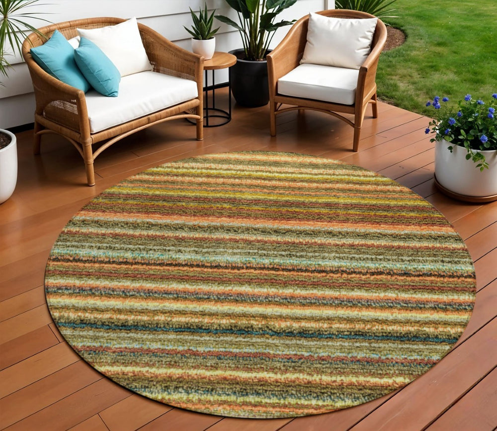 HomeRoots 5' Coral Gold and Green Striped Area Rug - Stylish, Washable Indoor-Outdoor Design for Any Space 8' Round 577771