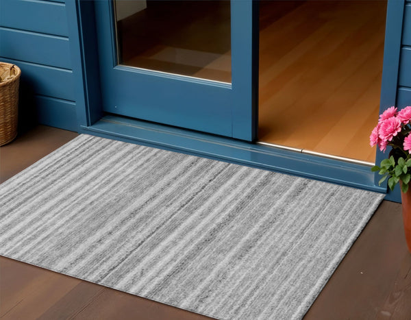 Homeroots 3' Denim Blue And Gray Striped Washable Area Rug For Indoor And Outdoor Use – Durable & Stylish! 3' X 5' Polyester 577781