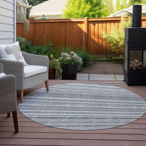 Homeroots 3' Denim Blue And Gray Striped Washable Area Rug For Indoor And Outdoor Use – Durable & Stylish! 8' Round Polyester 577783